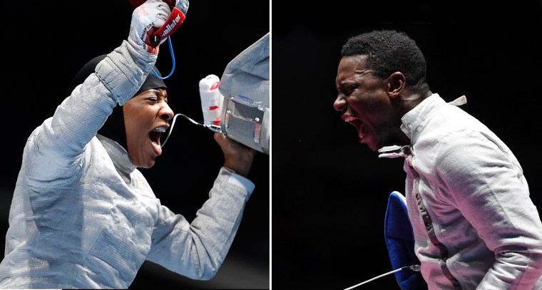 Team USA fencers Ibtihaj Muhammad and Darryl Homer celebrate victories during the 2016 Rio Olympics.