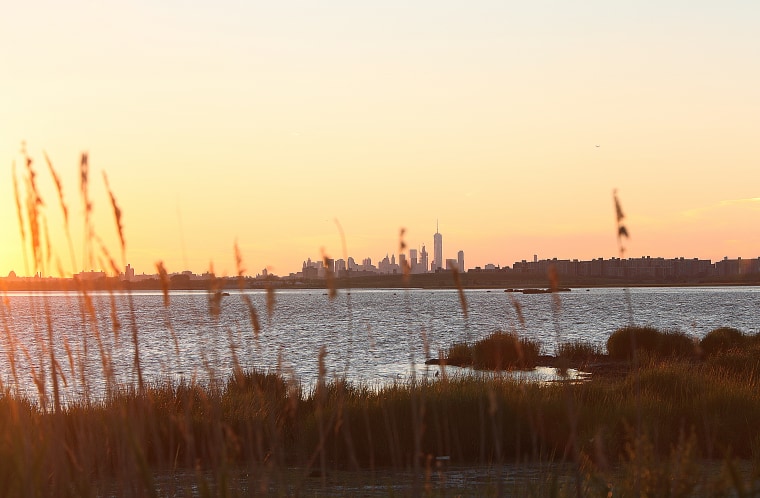 The sun sets behind the skyline of Manhattan as seen from the Jamaica Bay Wildlife Refuge.
