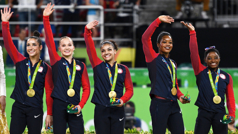 Simone Biles, Gabrielle Douglas, Lauren Hernandez, Madison Kocian and Alexandra Raisman