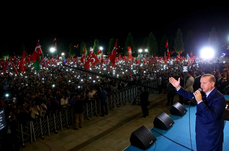 Image: Turkish President Recep Tayyip Erdogan addresses a crowd on Aug. 10, 2016