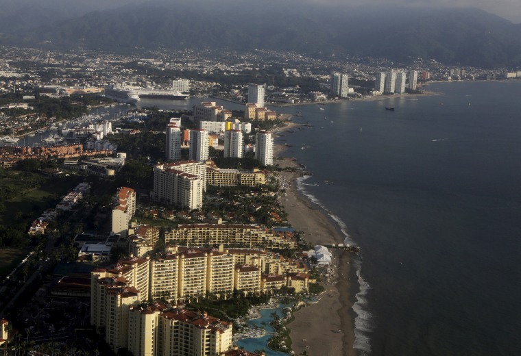 An aerial view from an aeroplane shows Puerto Vallarta in Mexico