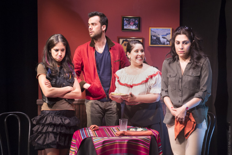 Connie Saltzman (Jenny), Andres De Vengochea (Kevin), Gladys Perez (waitress) and Vanessa Verduga (Sara) in a scene from off-Broadway comedy Implications of Cohabitation.