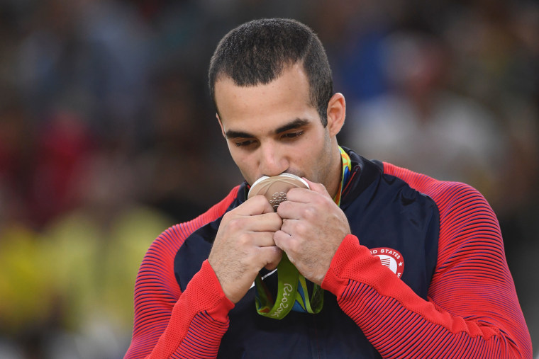 US gymnast Danell Leyva celebrates final of the Artistic Gymnastics at the Olympic Arena during the Rio 2016 Olympic Games
