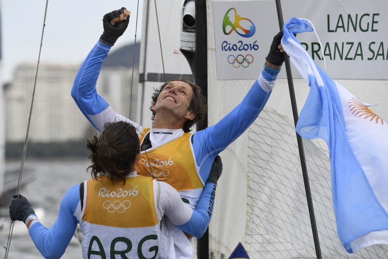 Argentina's Santiago Lange and Cecilia Carranza Saroli Celebrate After Ainning the Nacra 17