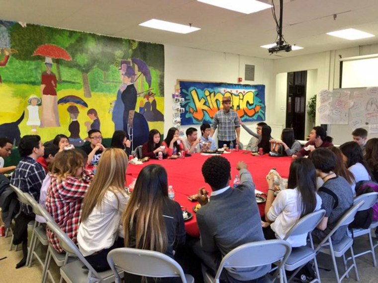 Students at a listening session in Chicago discussing bullying with AAPI Task Force and President's Advisory Commission on AAPIs member Billy Dec (standing).