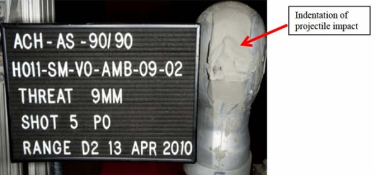 Ballistics indentation of a head form after tests were performed on defective military helmet.