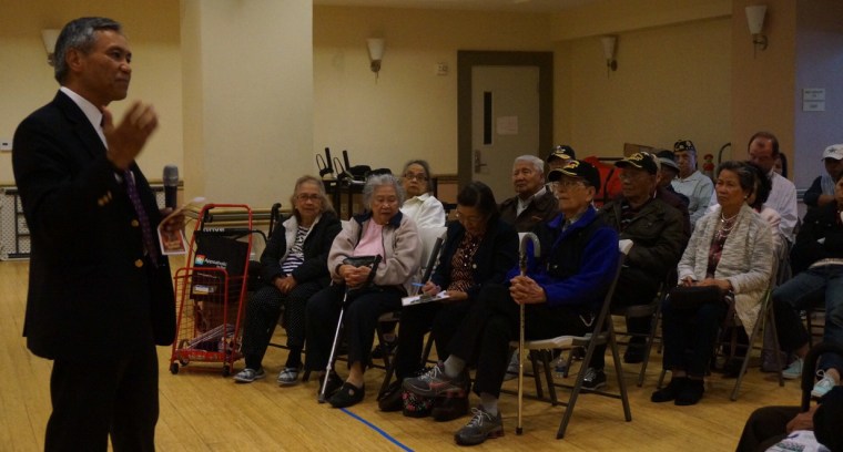 Retired Gen. Anthony Taguba addressing a meeting of Filipino veterans.