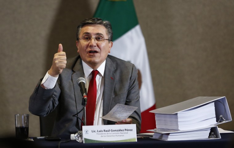 National Human Rights Commission President Luis Raul Gonzalez Perez speaks during the presentation of a report about human rights abuses by Mexico's federal police, in Mexico City