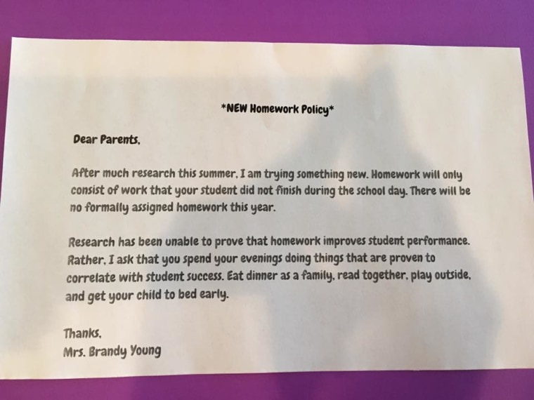 Samantha Gallagher posted Brandy Young's letter to parents to Facebook, praising the teacher for her "no homework" policy.