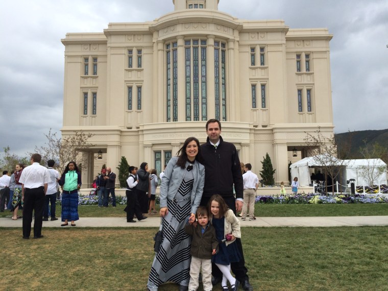 Nelda McAllister with her family at the open house of the LDS Temple in Payson Utah, 2015.