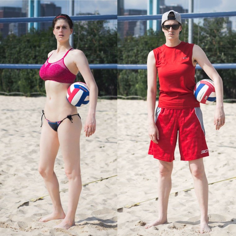 Model Rain Dove poses in both typical male and female volleyball athletic wear.