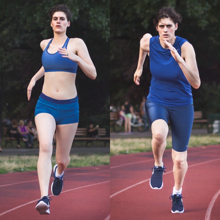 Model Rain Dove poses in both typical male and female track athletic wear.