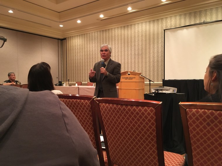 Pulitzer Prize winning photojournalist Nick Ut speaking to a group of Asian American photojournalists and journalists at the Asian American Journalists Association convention in Las Vegas, Nevada.
