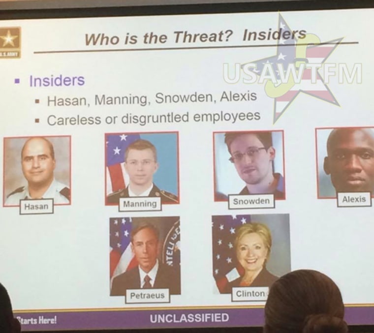 A photo of Hillary Clinton was included in an Army training slide.