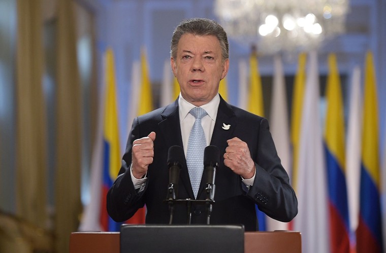 Colombian President Juan Manuel Santos speaking on August 24, 2016 in Bogota, Colombia