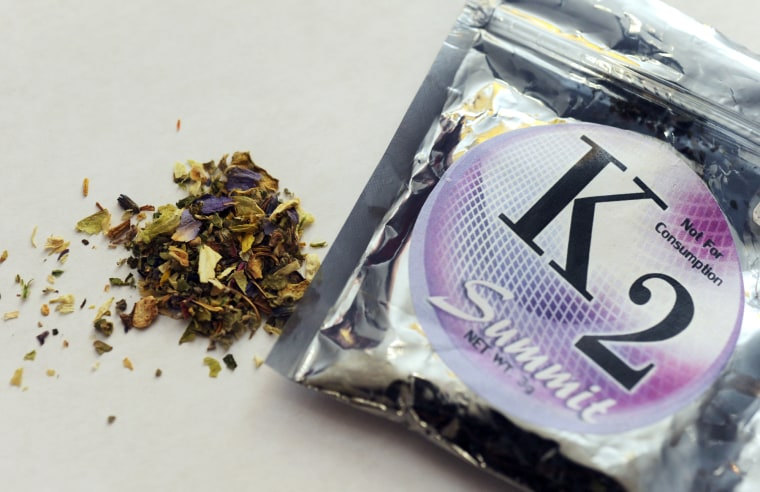 FILE - This  Feb. 15, 2010, file photo shows a package of K2, a concoction of dried herbs sprayed with chemicals.