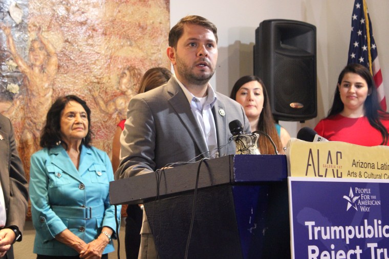 AZ Democratic Rep. Ruben Gallego spoke at the press conference alongside Dolores Huerta and local Latino leaders.