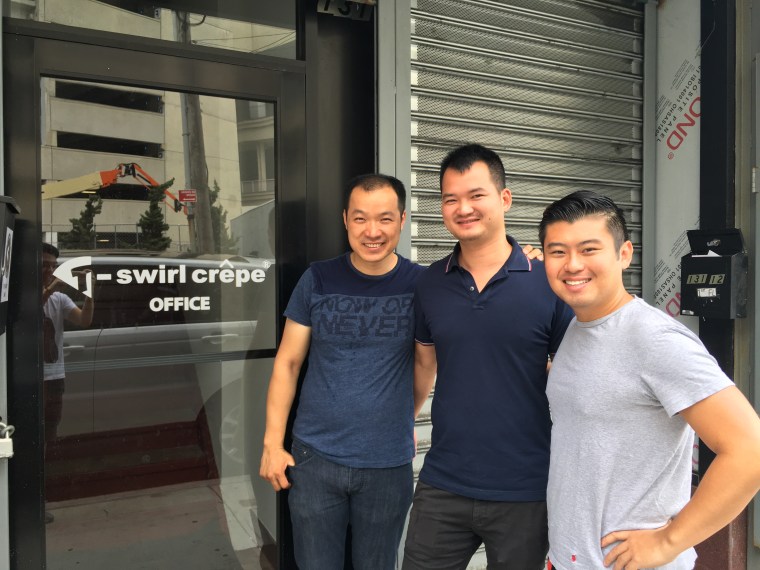 T-Swirl crepe co-founders Jerry Lin and Andy Lin with CEO Edward Wu, outside their office in Flushing, Queens.