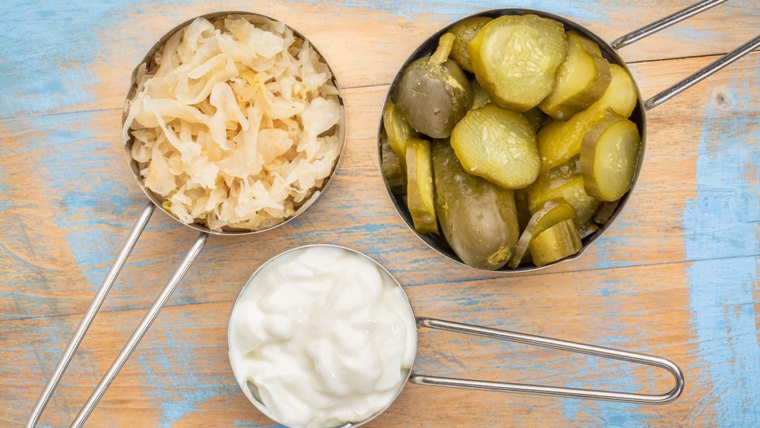 sauerkraut, cucumber pickles and yogurt