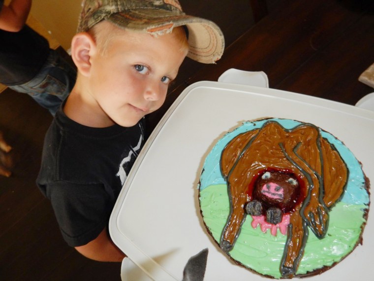 Jamie Packard made a cow giving birth to a calf birthday cake for her son Benz???s fourth birthday.