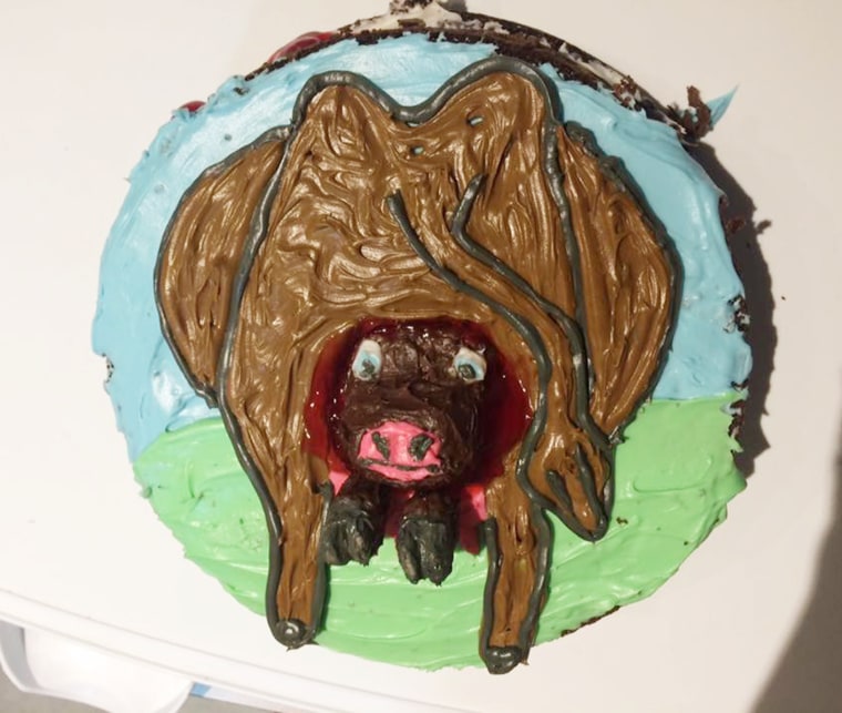 Jamie Packard made a cow giving birth to a calf birthday cake for her son Benz???s fourth birthday.