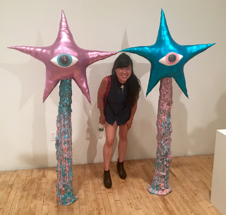 Koh with her star sculptures, titled "Little Twin Stars," at Honey Ramka Gallery in Brooklyn, New York.
