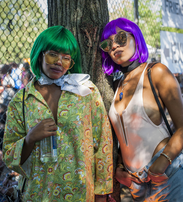 Laura Walton, left: \"We're going through a lot of changes that should've taken place a long time ago... Afropunk gives us an opportunity to talk about it face to face, rather than on social media, which a lot of people say hides the true leaders of the movement. And I feel like the actual leaders of the movement are at festivals like this.\"
Daria Harper, right: \"I think we could use a little more unity as far as moving forward politically and economically... I feel we're a little bit too divided to make the proper moves we need in order to really reach a point of stability.\"