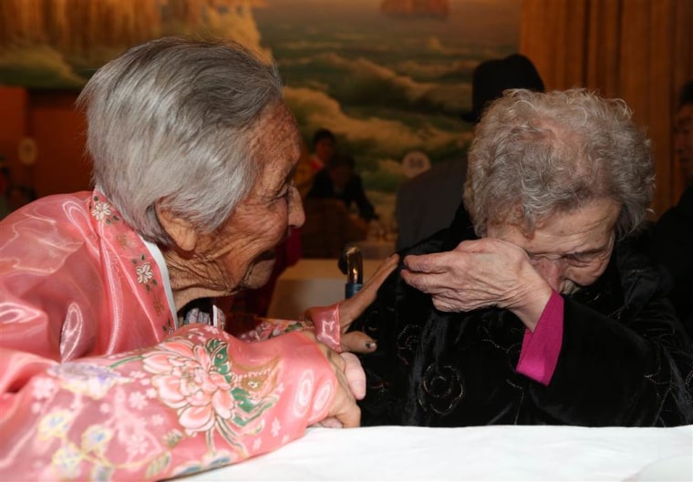 84-year-old Ri Jong Sil, left, meets with her South Korean sister Lee Young-sil, 87.