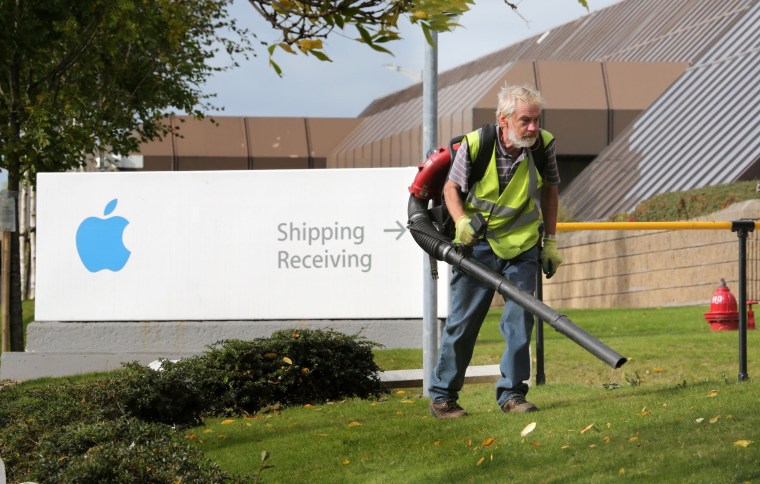 Image: A worker blows leaves away from the Apple campus in Cork, Ireland in this 2014 file photo.