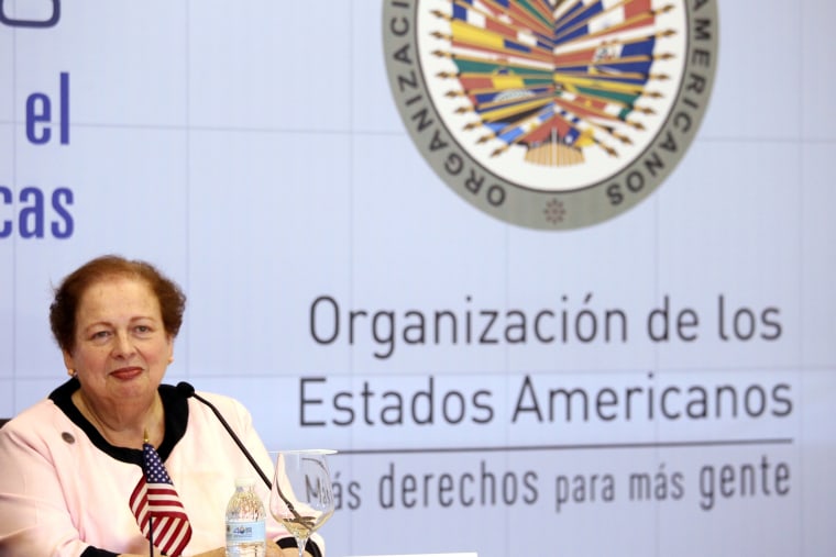 Image: Assistant Secretary of the United States, Mari Carmen Aponte speaks at a news conference during The 46th General Assembly of the Organization of the American States in Santo Domingo