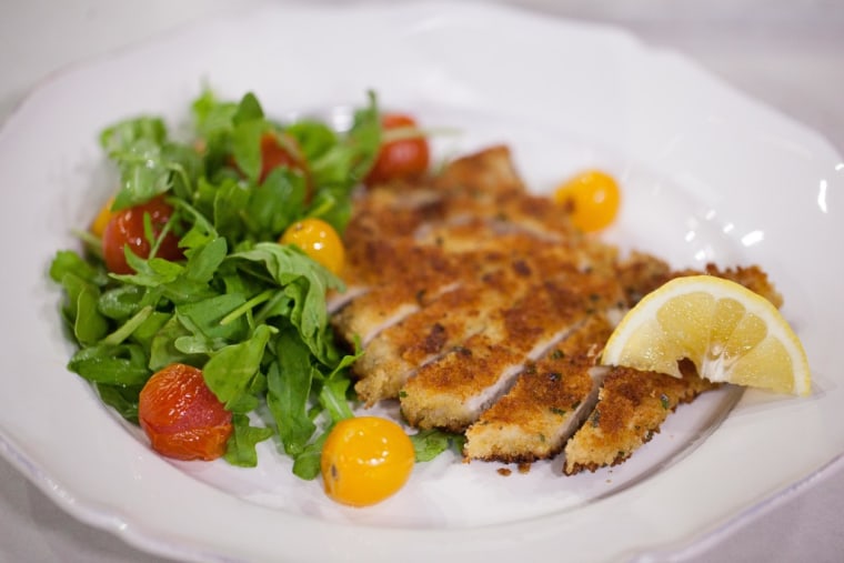 Quick Parm-crusted pork chops with lemony arugula and tomato salad