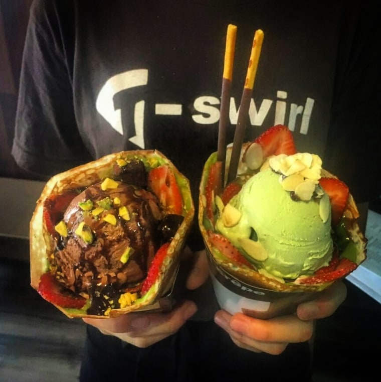 Two of T-swirl Crepe's 11 sweet Japanese crepes: Chocolate Nut Party and Matcha Azuki Bean.