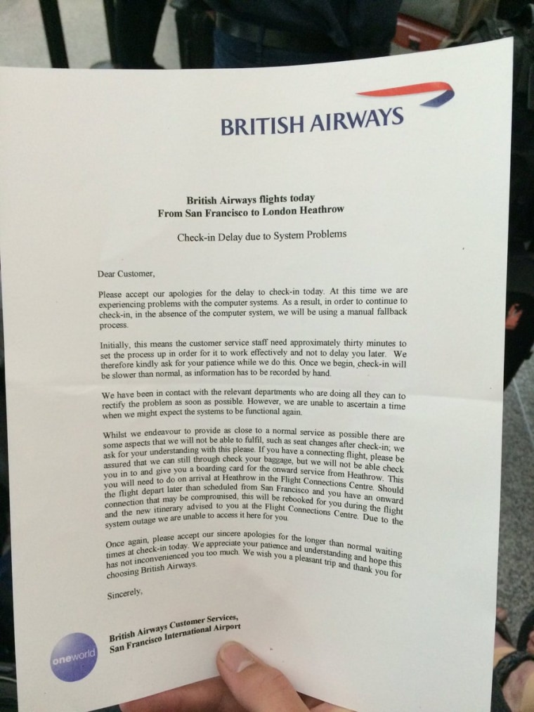 Image: A letter given to passengers at San Francisco apologized to passengers for the delays
