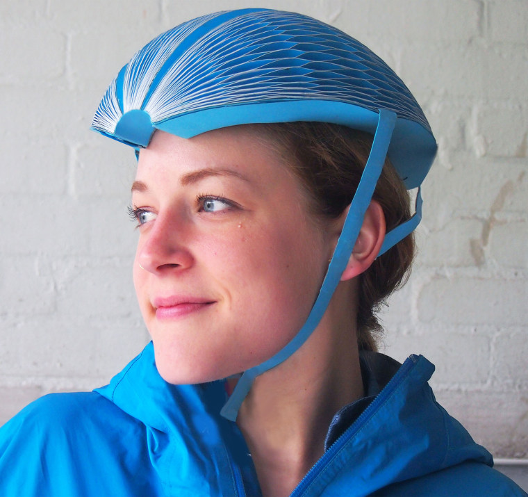 The EcoHelmet is a foldable, recyclable helmet designed to fit in vending machines. Isis Shiffer, the designer of the EcoHelemet, won the U.S. James Dyson Award. The annual award calls on students to create something that will help solve a problem. The EcoHelmet is mate from waterproof recycled paper and has a radial honeycomb pattern designed to absorb shock. Users can unfold it, put it on, clip the straps and be on their way.