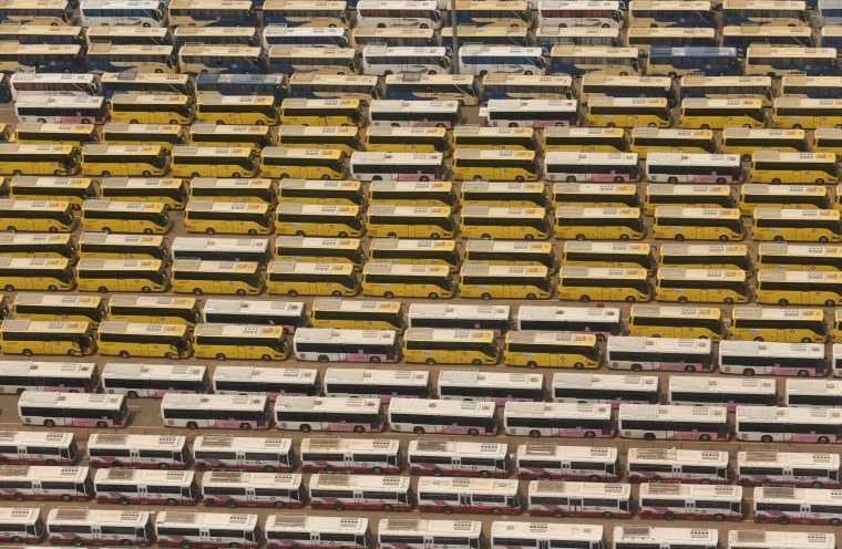 Image: An ariel view of buses which will be used to transport pilgrims during the Haj in Mecca