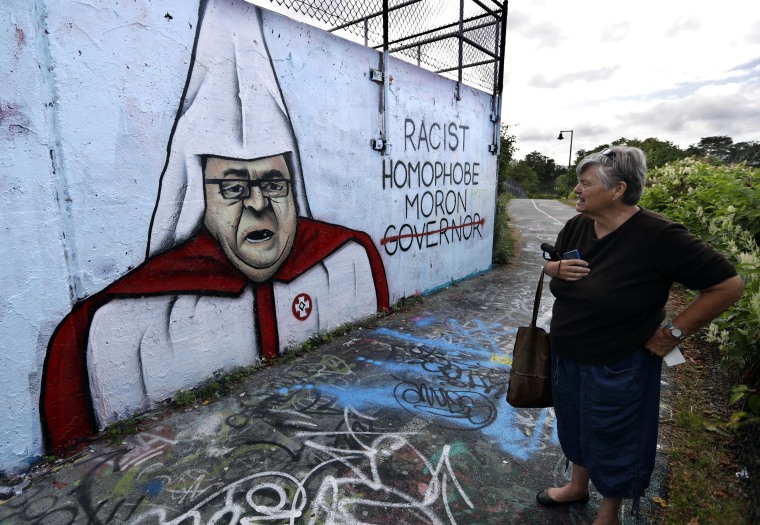 Image: Graffiti painted on a public art space depicts Gov. Paul LePage