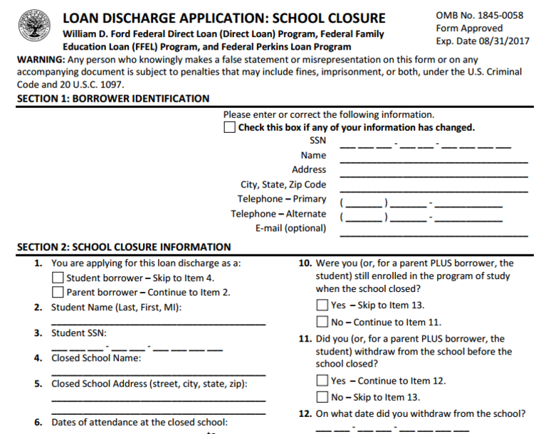 student loan discharge form.