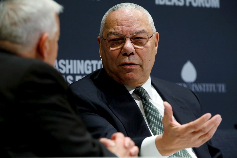 Image: Former U.S. Secretary of State Powell takes part in an onstage interview with Aspen Institute President and CEO Isaacson at the Washington Ideas Forum in Washington