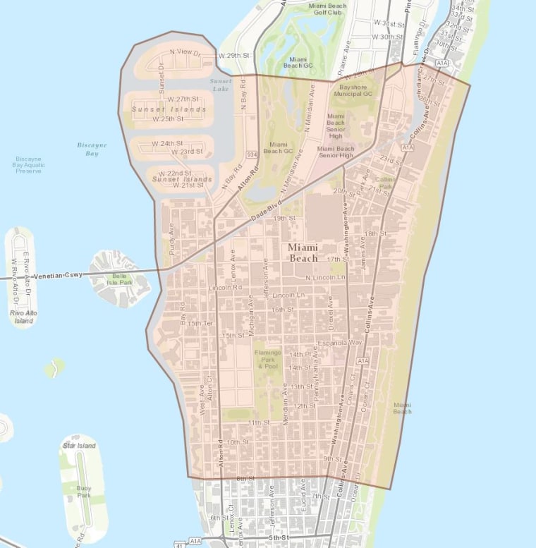 A map shows the mosquito spraying zone in Miami Beach.