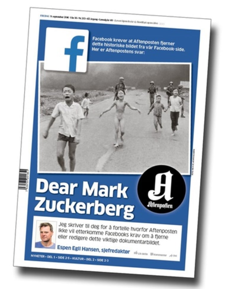 The front page of Norwegian newspaper Aftenposten, with an open letter to Facebook addressing the social network's censorship of an iconic Vietnam War photo.