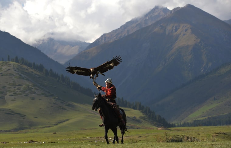 Image: A mounted Kyrgyz berkutchi holds his golden eagle during the World Nomad Games 2016