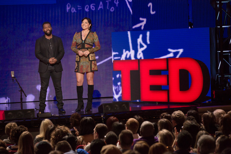 (L-R) Baratunde Thurston and Sara Ramirez speak at TED Talks Live -- Education Revolution, November 1, 2015, The Town Hall, New York City.