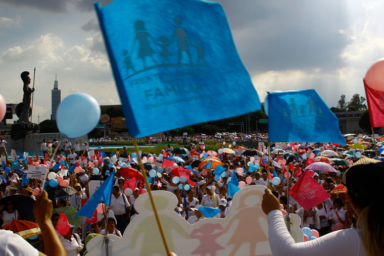 Catholic activists march to protest against President Enrique Pena Nieto proposal to legalize same-sex marriage, in Guadalajara, Mexico, on September 10, 2016.