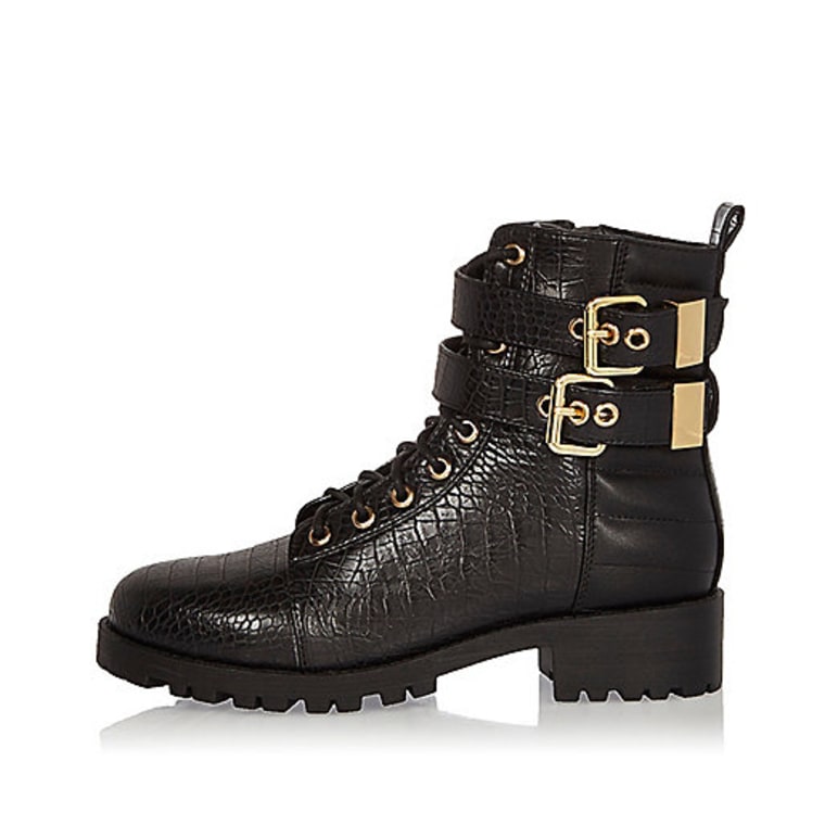 Plazo Black, Studded Detail Buckle Biker Boots