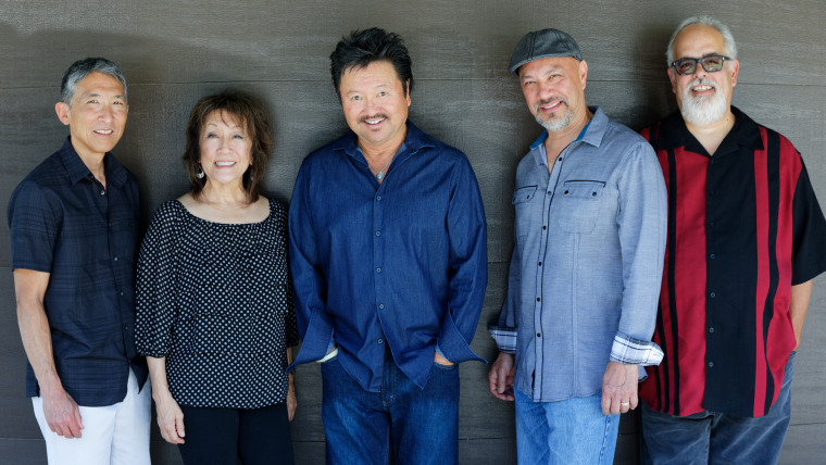 From left to right, five principal band members of Hiroshima: Danny Yamamoto, June Kuramoto, Dan Kuramoto, Kimo Cornwell and Dean Cortez.