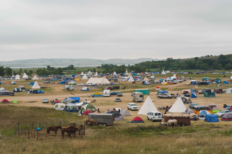 Image: The Seven Council camp, one of three encampments that have grown on the banks of the Cannon Ball River near the Standing Rock Sioux reservation in Cannon Ball, North Dakota