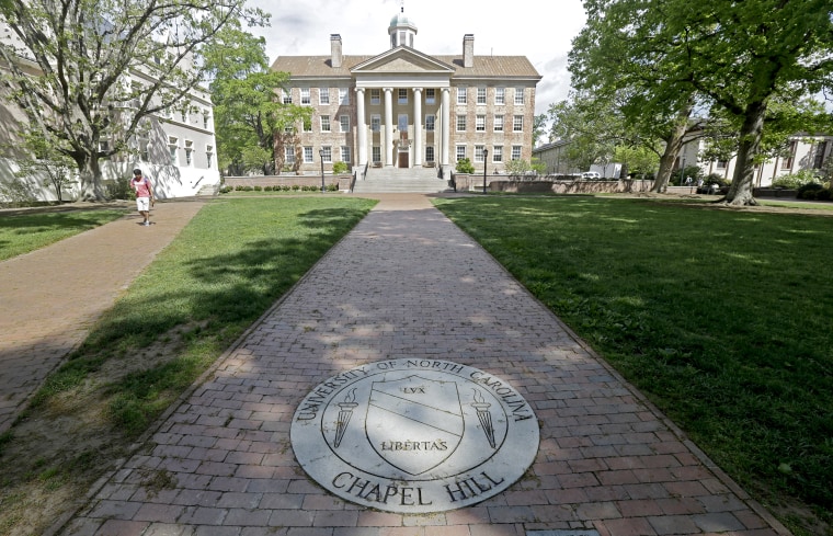 A sidewalk leads to the South Building on campus at The University of North Carolina in Chapel Hill, N.C.