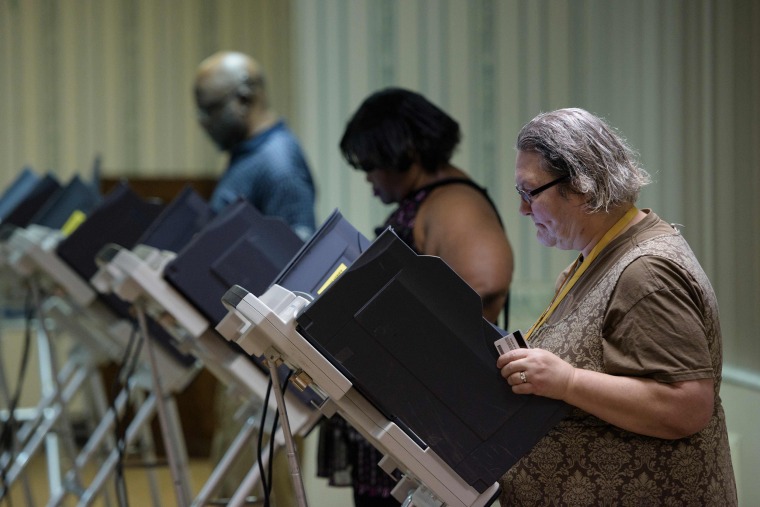 Image: Voters cast electronic ballots during primary voting in Stark County