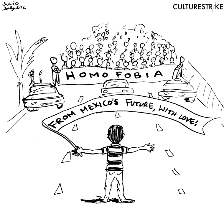Black and white political cartoon that mirrored the original photo of the 12-year-old boy blocking anti-LGBTQ march in Mexico.