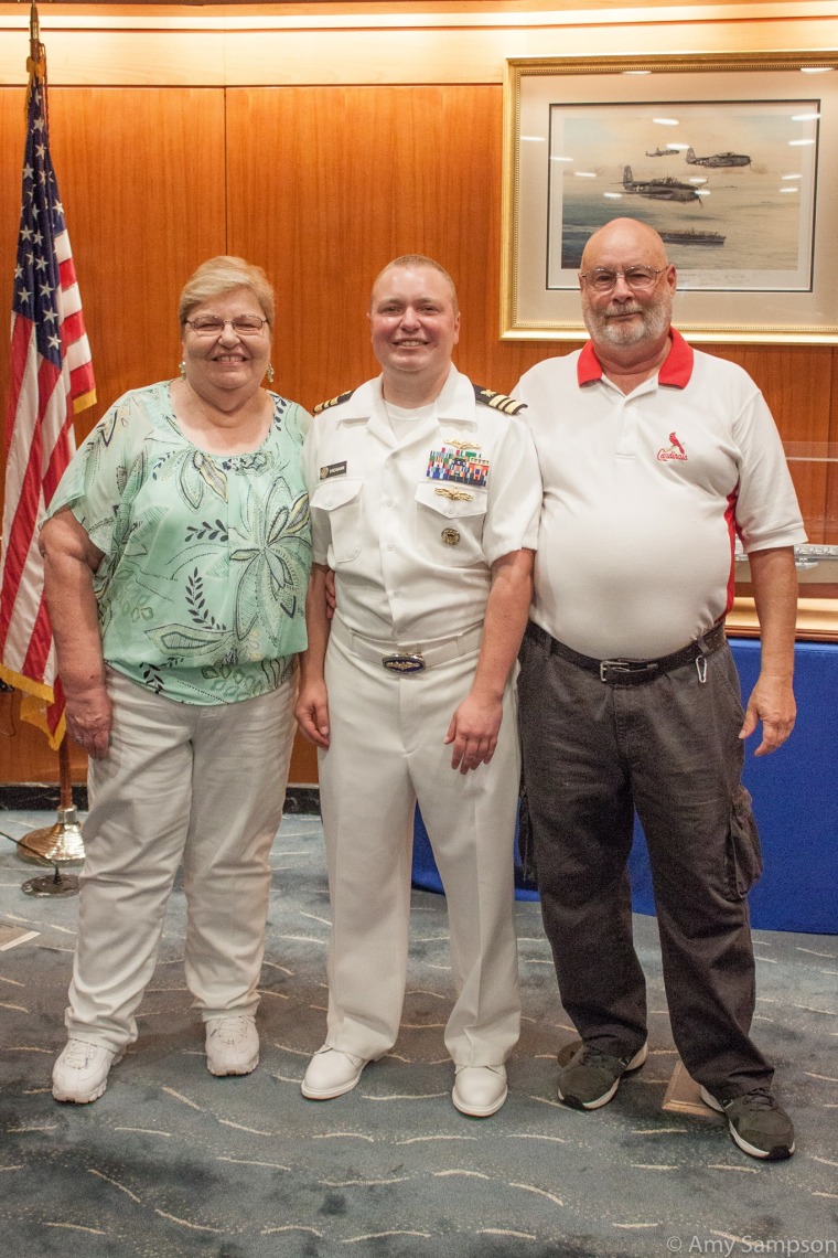 Navy Lt. Cdr. Blake Dremann (middle) and his parents, Rev. Dr. Dave Dremann and Mrs. Diane Dremann